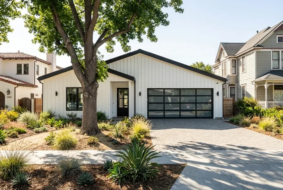 Altadena Residence front exterior, board-and-batten siding with driveway and garage, rendering