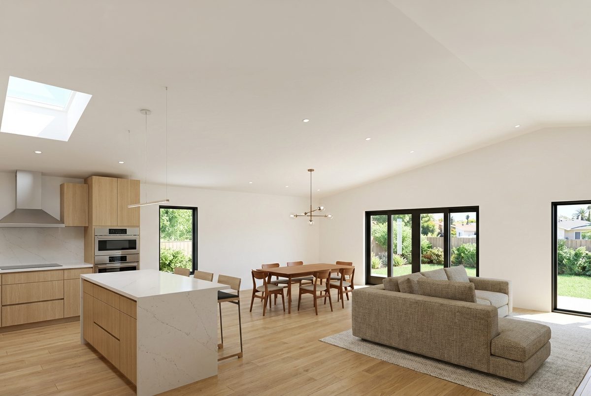 Altadena Residence living and dining area, rendering