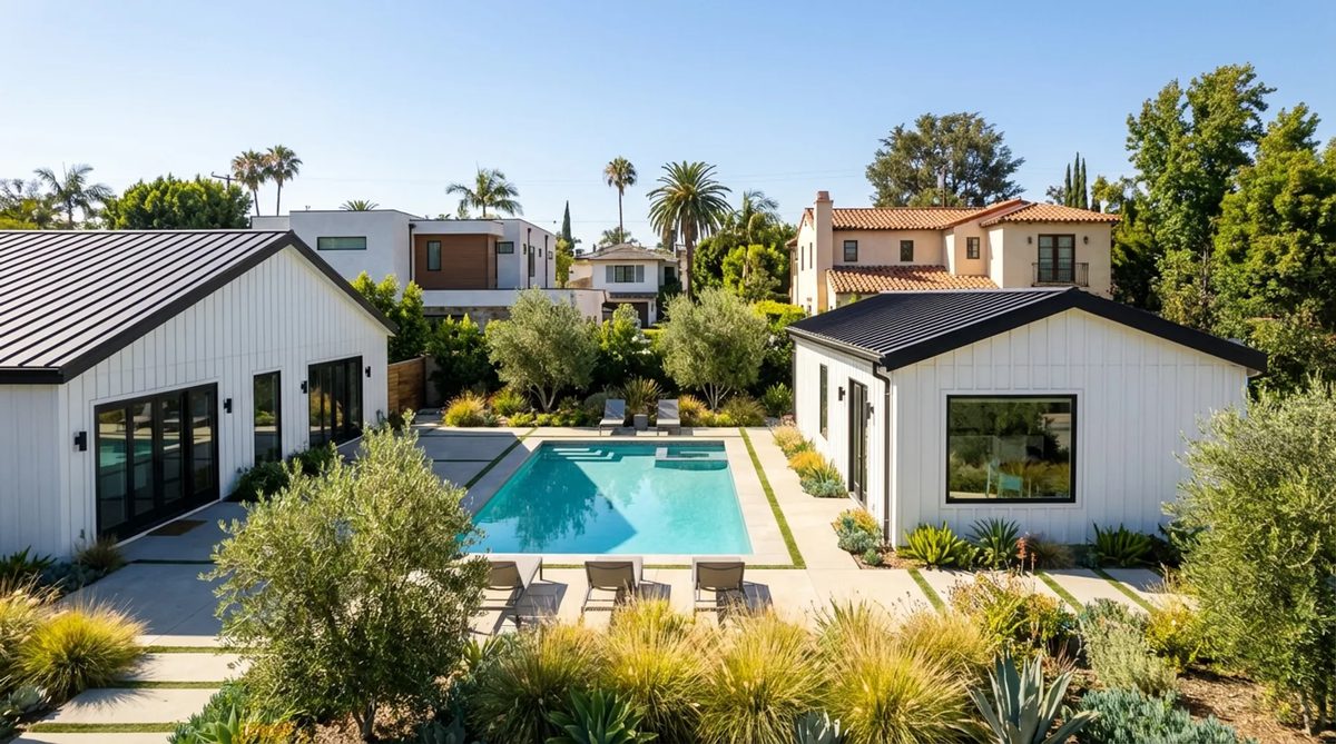 Altadena property aerial view showing main residence, pool, and matching ADU, rendering