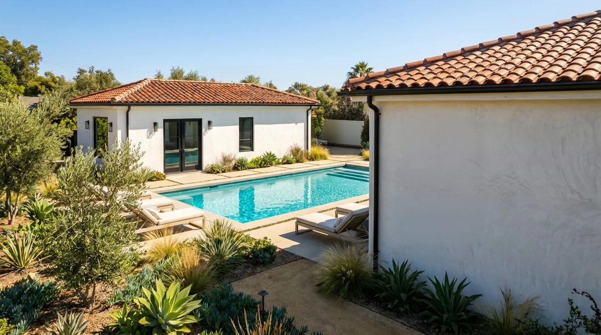 Altadena Residence No. 2, backyard and pool with matching ADU, rendering