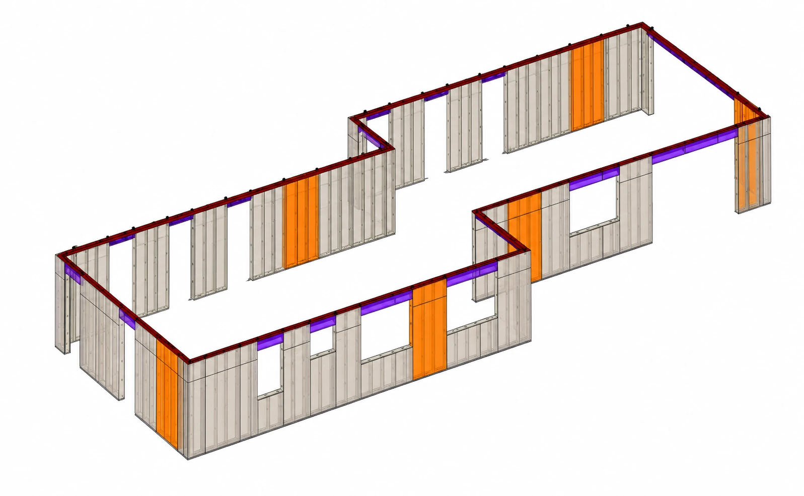 3D structural model of a single-family layout built from 4C wall panels, with headers and window and door openings pre-engineered into each panel