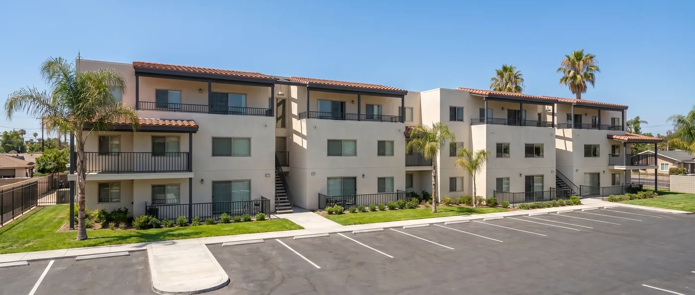 Rialto Apartments, multifamily building exterior with landscaping, rendering